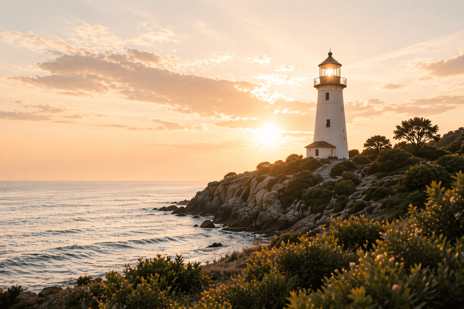 Warm coastal lighthouse scene at sunset