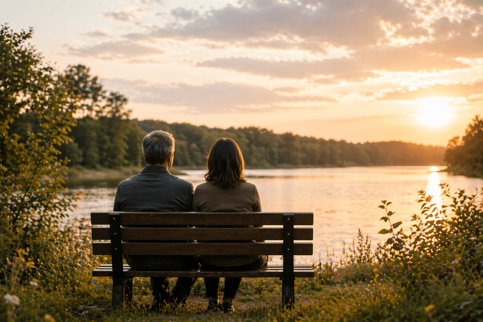 Two people sitting on a bench by the water at sunset